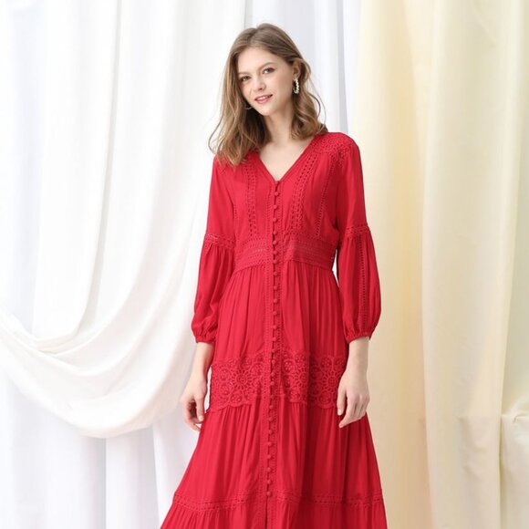 CHICWISH Button Down Crochet Embroidered Boho Maxi Dress in Red, size S - Picture 3 of 8
